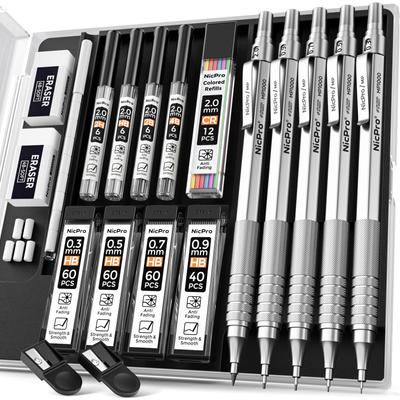 Nicpro Набор из 5 металлических чертежных карандашей Art Mechanical Pencil, держатель графитового грифеля 2 мм, 2B HB 2H, цветные, в комплекте 9 дополнительных ластиков для грифеля 0,3 0,5 0,7