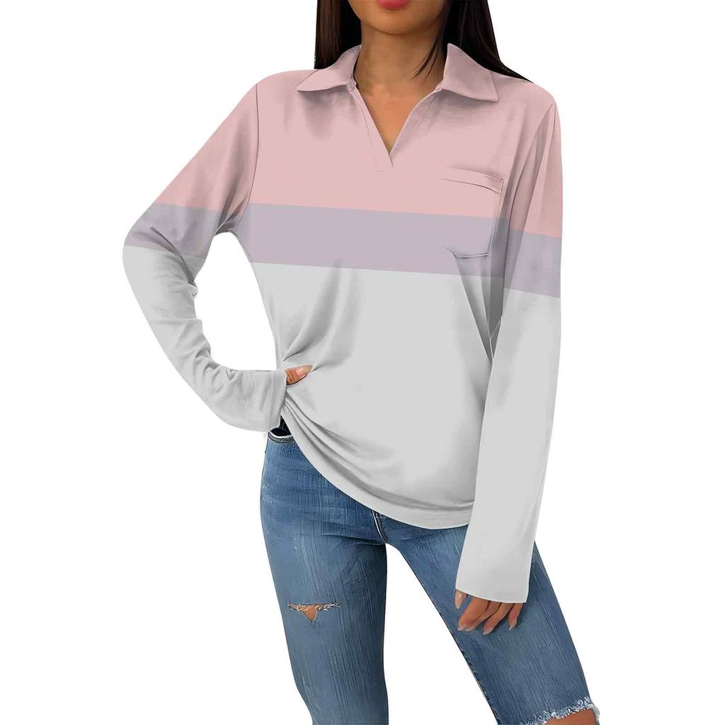 Женская модная повседневная футболка с длинным рукавом и V-образным вырезом в полоску с принтом и лацканами