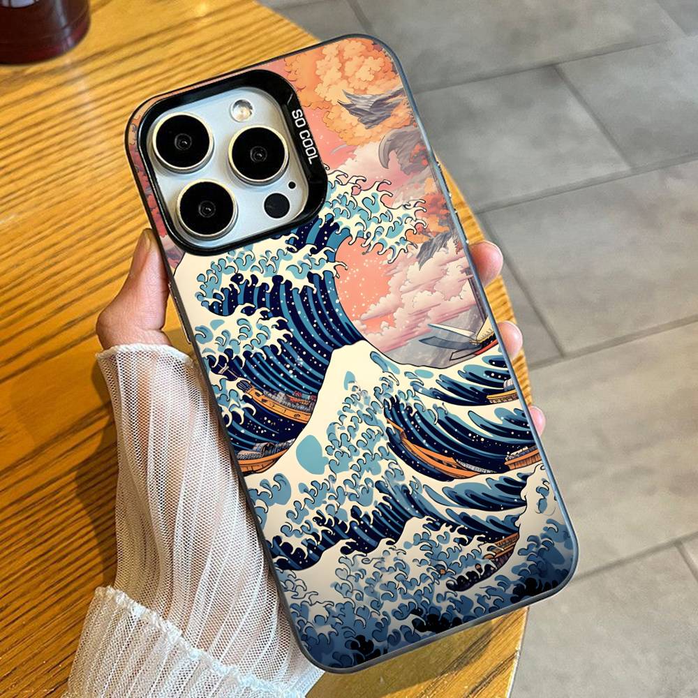 Японская живопись Укиё-э Волны Чехол для телефона Для iPhone 16 17 15 14 12 13 Pro Max Черный Конфетный Матовый Ударопрочный Чехол