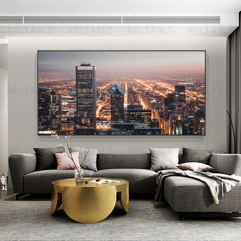 Большой размер, современная городская ночная сцена, холст, картина, настенная живопись, пейзаж, отражение, постеры и принты для гостиной, домашний декор