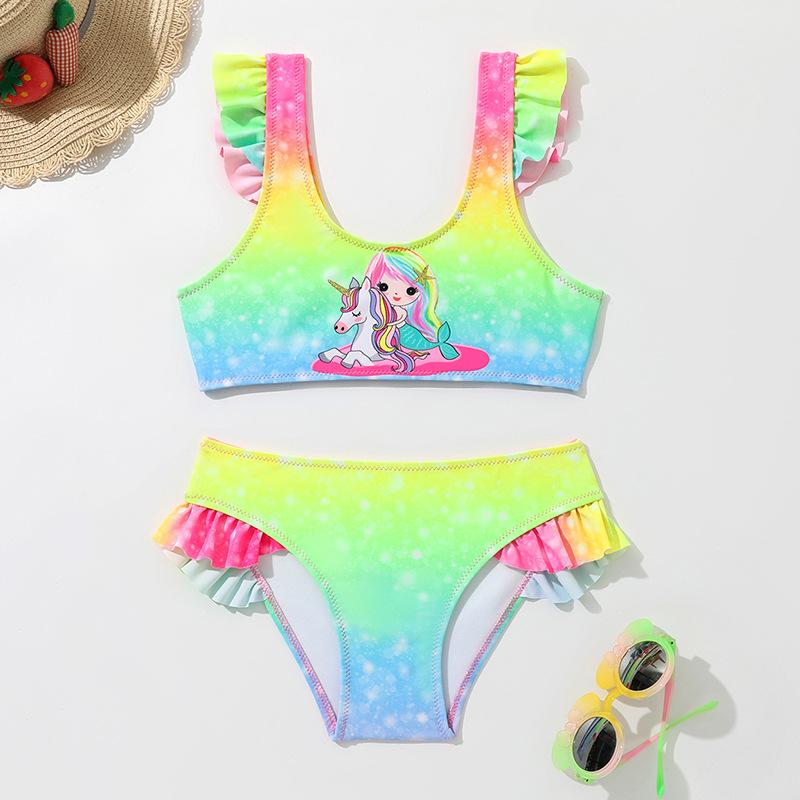 Kids' Fashion Two Pieces Ruffled Rainbow Swimsuit Girls‘ Tankini Bathing Suit Toddlers' Unicorn Printed Tank Top and Briefs Cute Swimming Suit