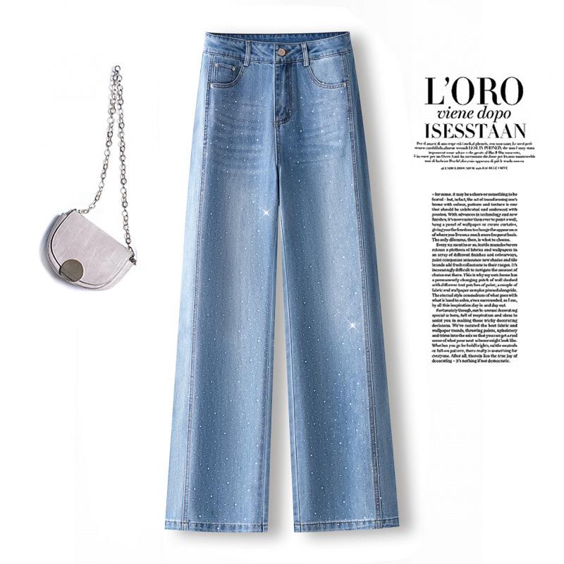 Blue hot diamond jeans women's autumn high-waisted straight pants loose and thin narrow wide-leg pants
