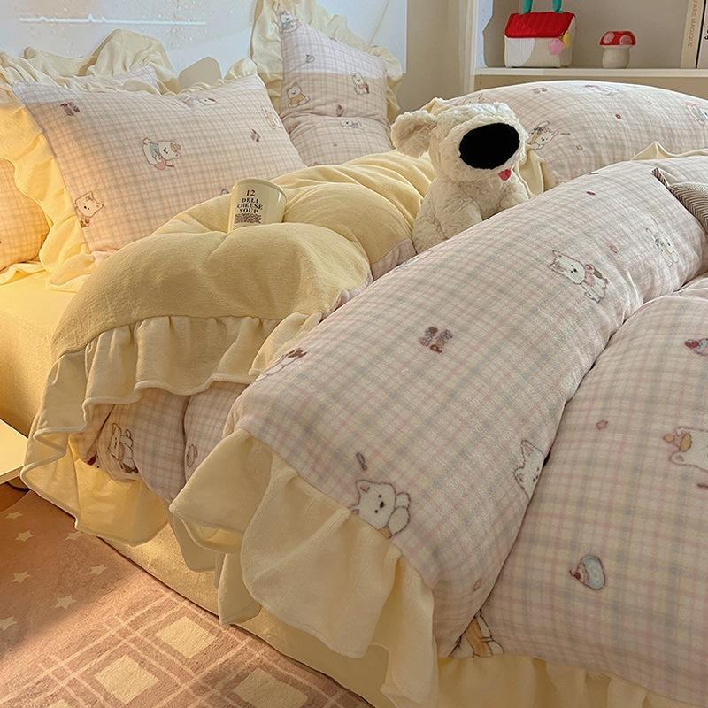 Thickened Milk Fleece Four-Piece Set, Fleece Quilt Cover, Bedding, Coral Flannel Bed Sheet Three-Piece Set