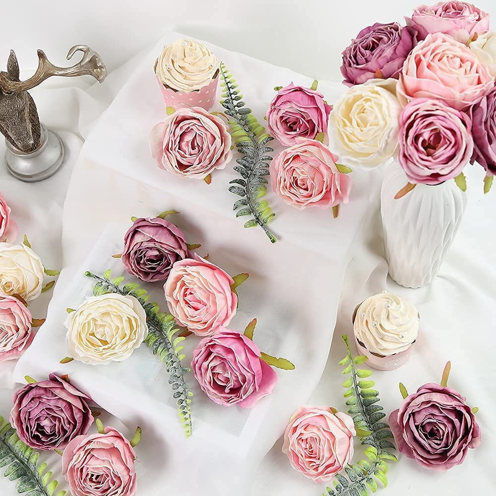 25 Pieces White Rose Artificial Flower Head Vintage Dried Flower Artificial Rose Head Silk Fake Rose for Wedding Centerpiece Decoration
