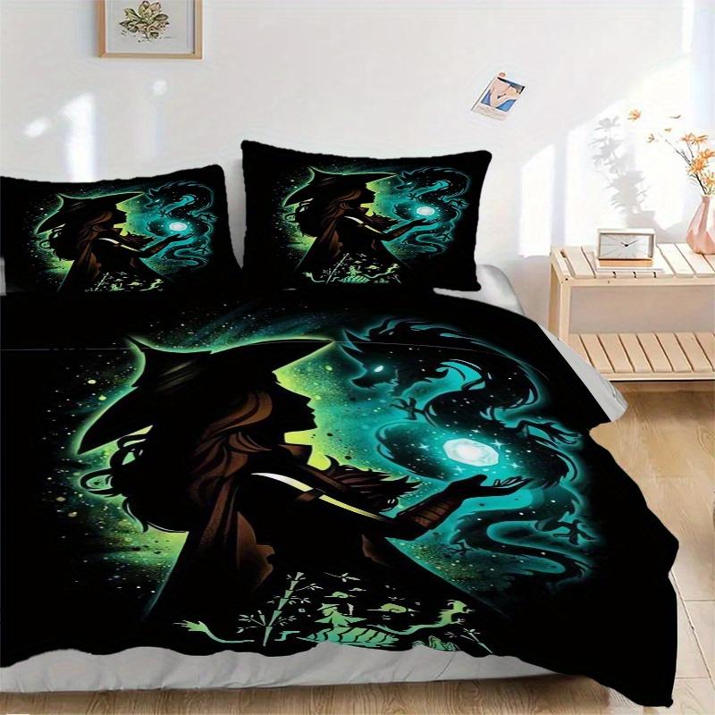 3pcs Witch & Dragon Fantasy Art Printed Quilt Set - Includes 1 Quilt Cover and 2 Pillowcases, Machine Washable - Suitable for All Seasons.S101