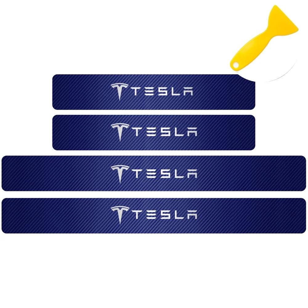 Car Sticker Tesla 4pcs Car Anti Scratch Scuff Carbon Fiber Door Threshold Stickers for Tesla Model 3 Model S X Model Y Roadster 
