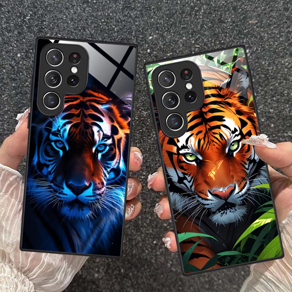 Неоновая чехол-бампер с тигром для мобильного телефона Samsung Galaxy A56 55 54 53 52 51 36 35 34 23 16 15 5G Стеклянный Цветной Чехол Роскошный
