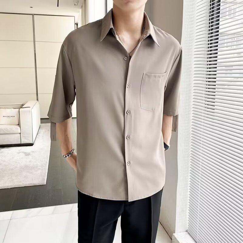 Ice Silk Short Sleeved Shirt For Men In Summer, Loose Plus Size Five Inch Sleeve Shirt, No Ironing And Wrinkle Resistance