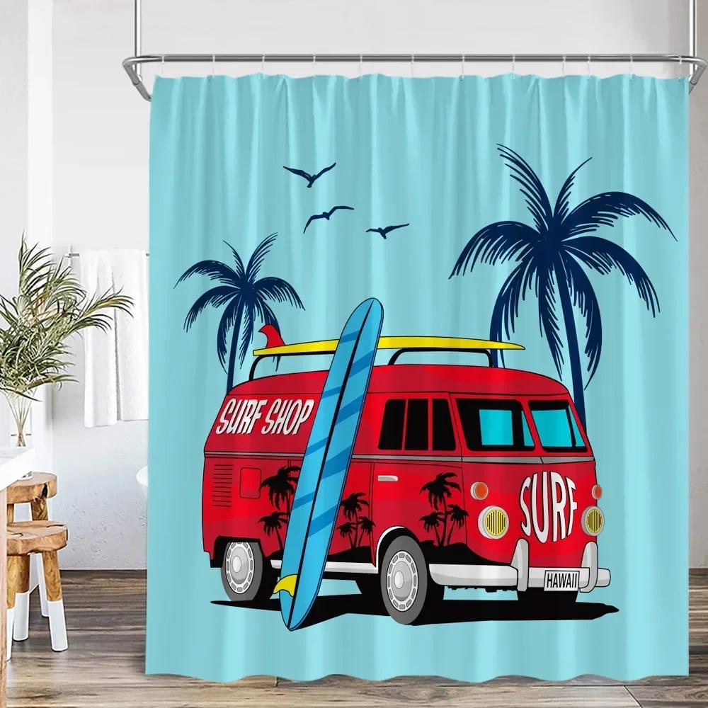 Кемпинговая шторка для душа Автодом Путешествие Автобус Пляж Кокосовая пальма Серфборд На открытом воздухе Ванная комната Декор Шторка для душа автодома