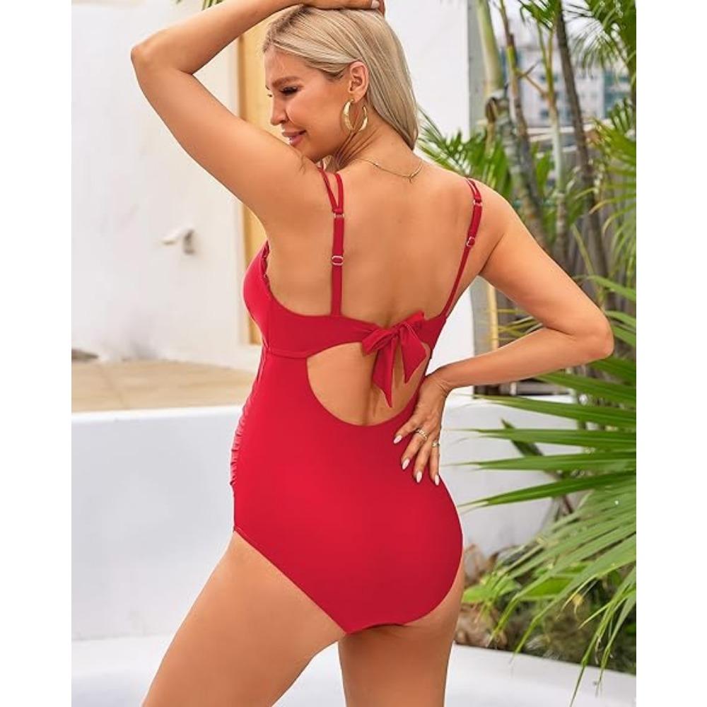 CHARMLEAKS Scallop Trim Maternity Swimsuit One Piece V Neck Pregnancy Bathing Suit Ruched Swimwear Cutout Tie Back