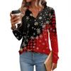 Женская модная повседневная блузка с V-образным вырезом на пуговицах с рождественским принтом, пуловер с длинными рукавами, футболка, топ