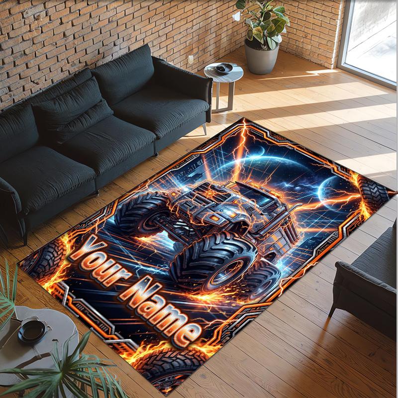 Monster Truck Theme Crystal Velvet Rug Personalized Custom Name Text Soft Floor Mat Home Decor