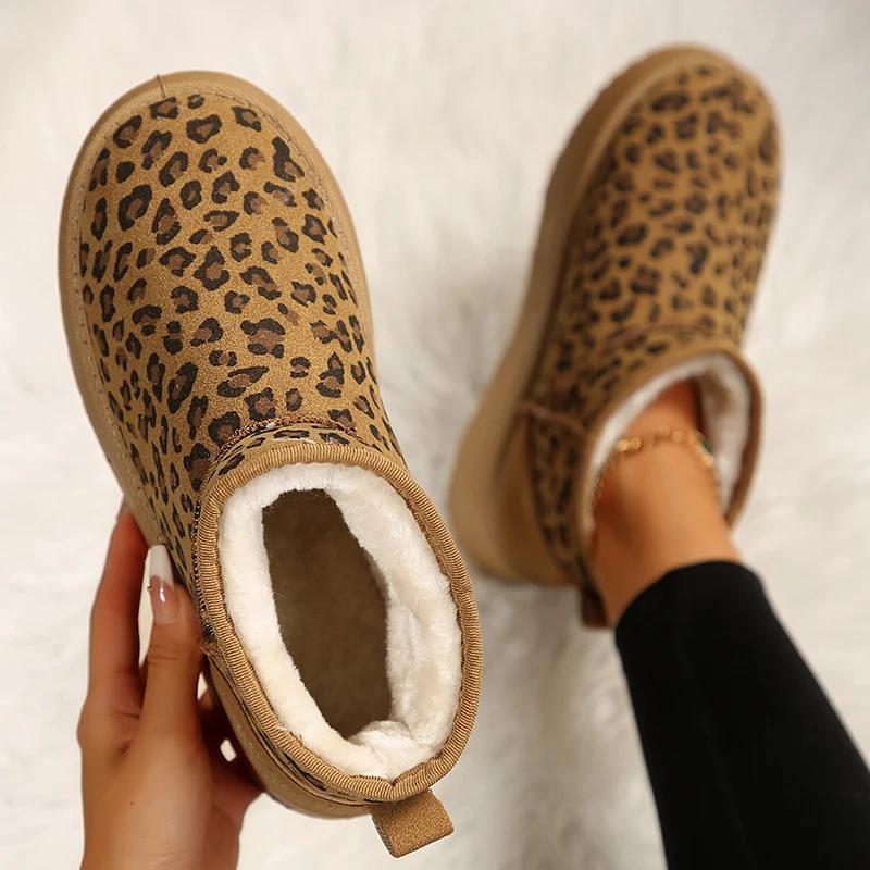 Леопардовые женские зимние ботильоны на плоской подошве, туфли на платформе, тренд 2025 года, теплые короткие плюшевые зимние ботинки для женщин, повседневные прогулочные ботинки Mujer
