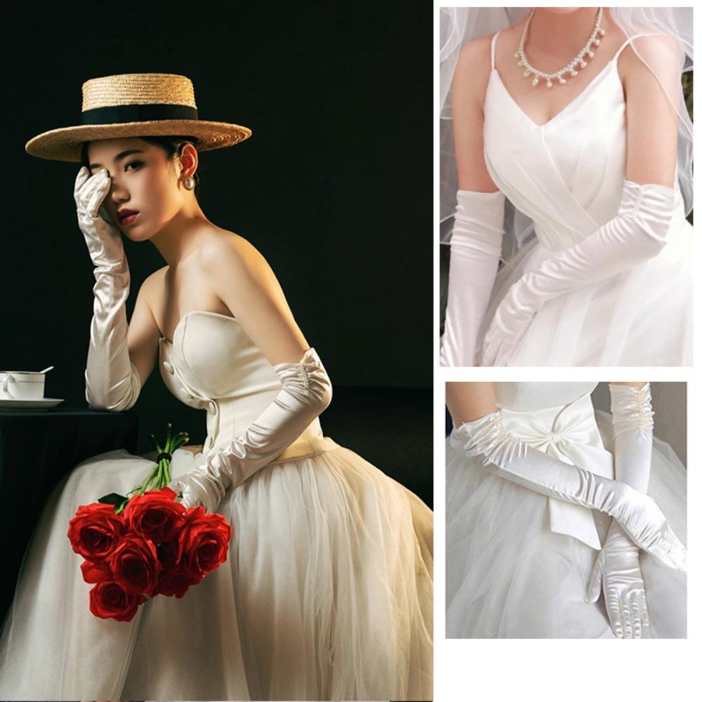 Vintage Satin Long Gloves Lace Long Finger Mittens Wedding Bridal Gloves  Dress Accessories