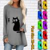 Plus Size Women Hamster Cat Printed Comfy Long Sleeve Round Collar T-shirt Casual Baggy Mid Length Tee Tops