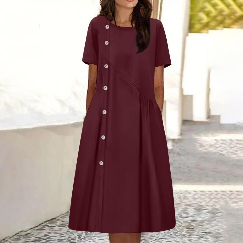 Women's Solid Round Neck Short Sleeve Button Decorative Waist Pocket Dress Pocket Dress