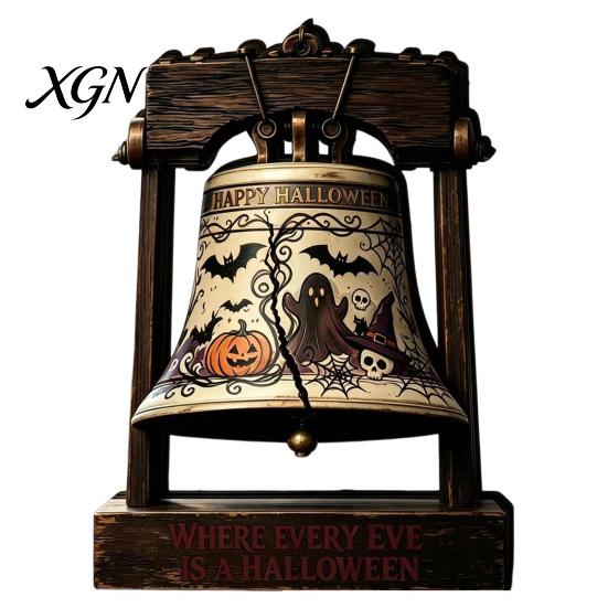 Halloween Theme Gifts Vintage Wooden Bell Decor, Rustic Farmhouse Shelf Sitter with Showcase Ornaments Metal Wood Stand, Tabletop Centerpiece