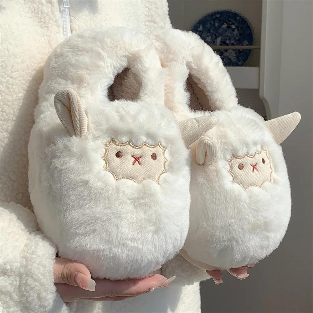 Home Fuzzy Slipper Women Winter Warm Sheep Cartoon Fur Plush Indoor Lazy Female Thermal Furry House Shoe Funny Flat Flip Flop
