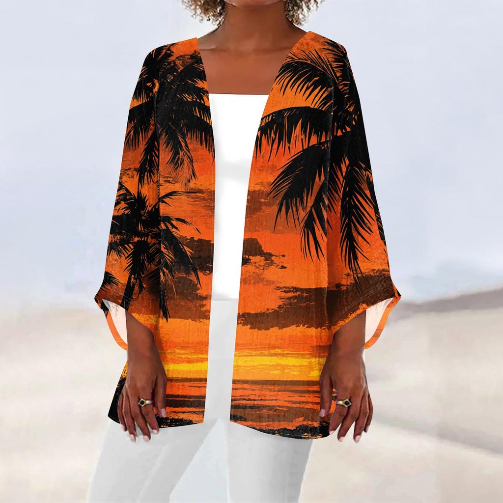 Women's Casual Fashion Beach Ocean Tree Print Lightweight Mid-Length Jacket Cardigan