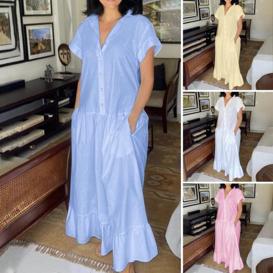 Женское летнее платье с лацканами и короткими рукавами, однотонное однобортное повседневное длинное платье