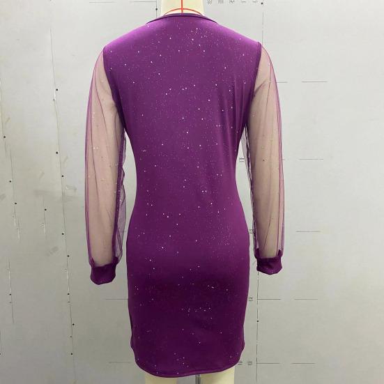 Женское платье на молнии с V-образным вырезом, прозрачная сетка в стиле пэчворк, с длинными рукавами, облегающее мини-платье с высокой талией и блестящими пайетками, женское осенне-весеннее мини-платье