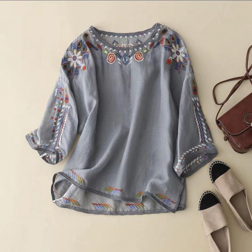 Summer Vintage Blouse Women Embroidery Shirts & Blouses Cotton Linen Chemise Ladies Loose Casual Pullover Tops