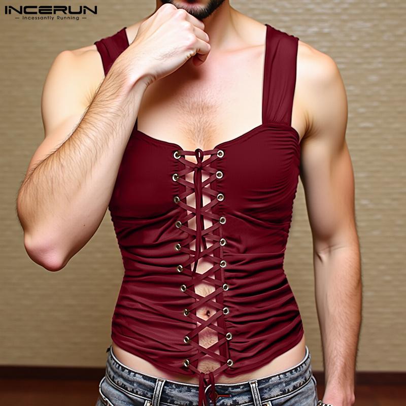 INCERUN Summer Men Strap Sleeveless Rumple Bandage Party Fitted Tank Tops