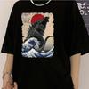 Футболки с коротким рукавом Уникальная японская футболка Godzillaed Great Wave Летняя женская мужская футболка с круглым вырезом из чистого хлопка унисекс