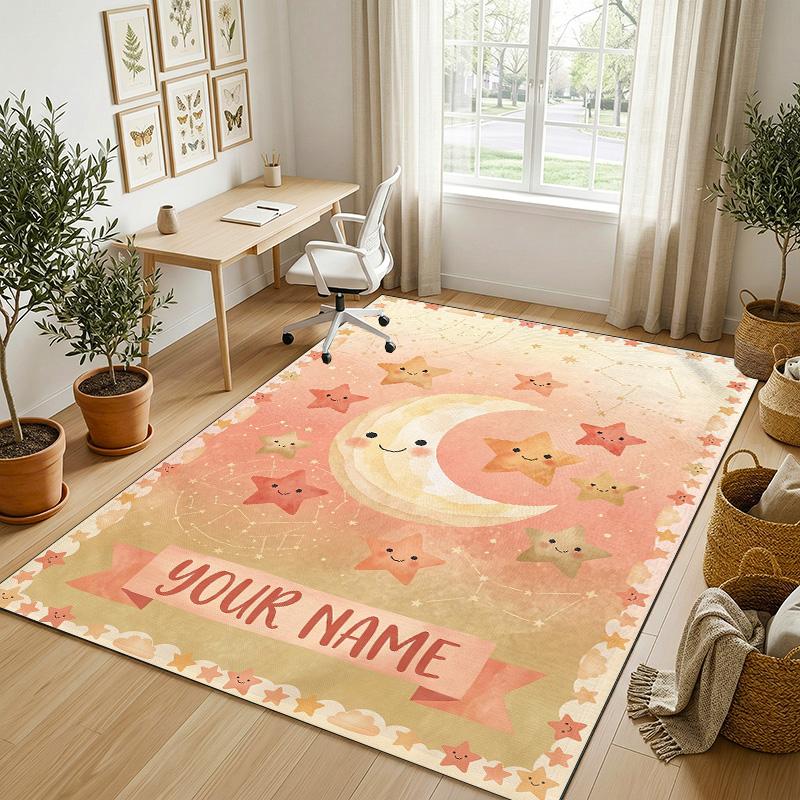 Moon Stars Night Theme Soft Crystal Velvet Rug Custom Name & Text Print Non Slip Floor Rug for Bedroom Living Room