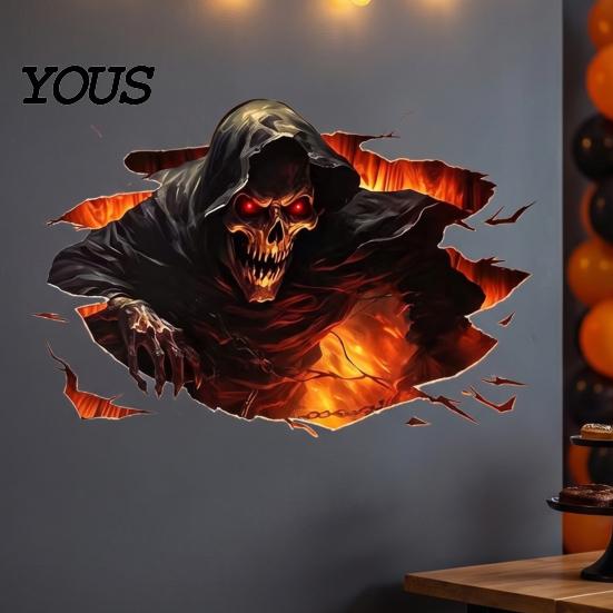Peel And Stick Wall Decor for Bedroom Halloween 3D Decal, Breakout Illusion Sticker with Skull Ghost, Spooky Removable Broken Monster Decals