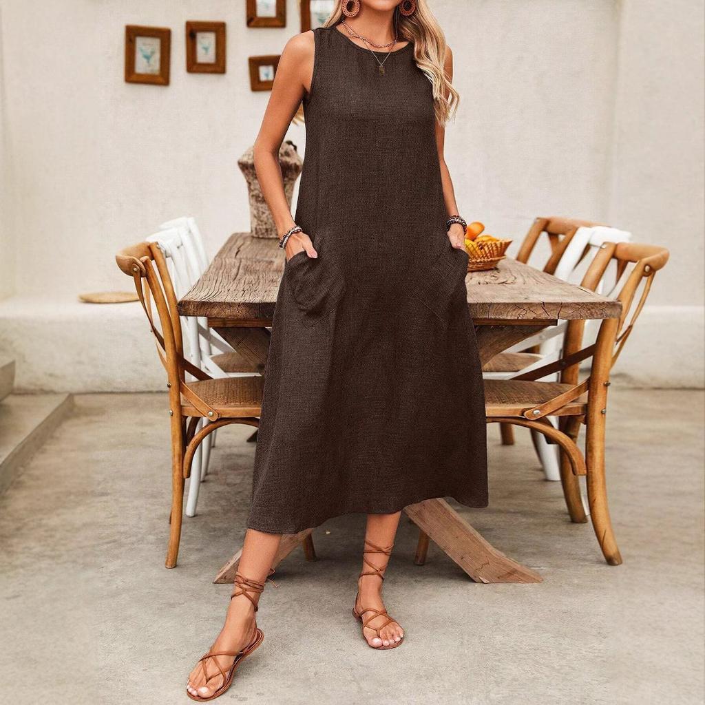 Женское летнее повседневное платье без рукавов из хлопка и льна, длина макси, туника с круглым вырезом, однотонное пляжное платье с карманами