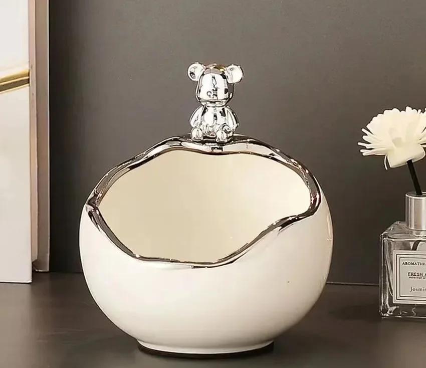 Ceramic Bear Tray Statue Accessory Storage Key Holder Candy Bowl Jewelry Earrings Suitable for Home Modern Table Office Decor