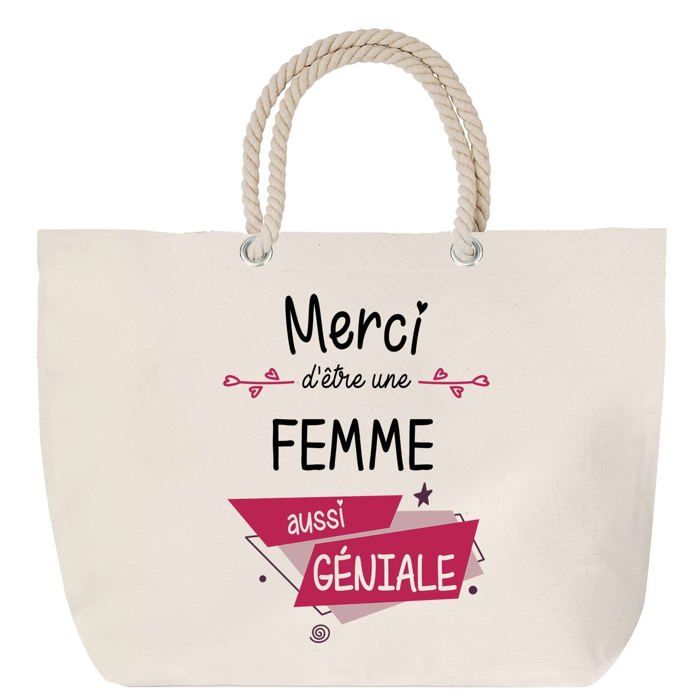 Sac de plage - PLANETEE - Merci Femme Géniale - Grand format - Anse corde - Imprimé en France