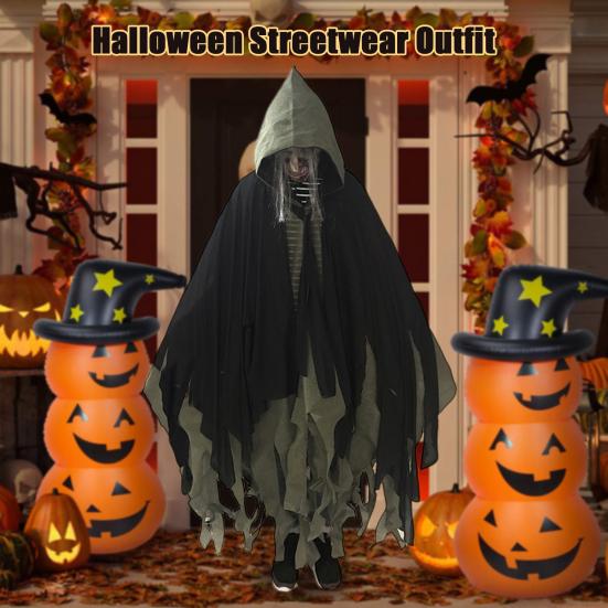 Хэллоуин Плащ с капюшоном Косплей Костюм Длинная накидка волшебника с нерегулярной сеткой Дом с привидениями NPC