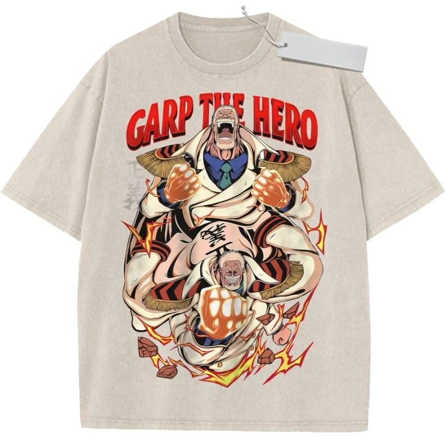 Unisex Black Washed Vintage T Shirt One Piece Garp The Hero Justice Flame Style High Quality Fabric for Casual Shopping