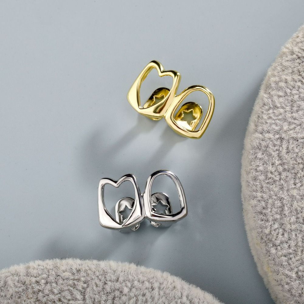 1/2pcs Gold Color Hollow Heart Tooth Grillz Rhinestone Dental Grills Party Cosplay