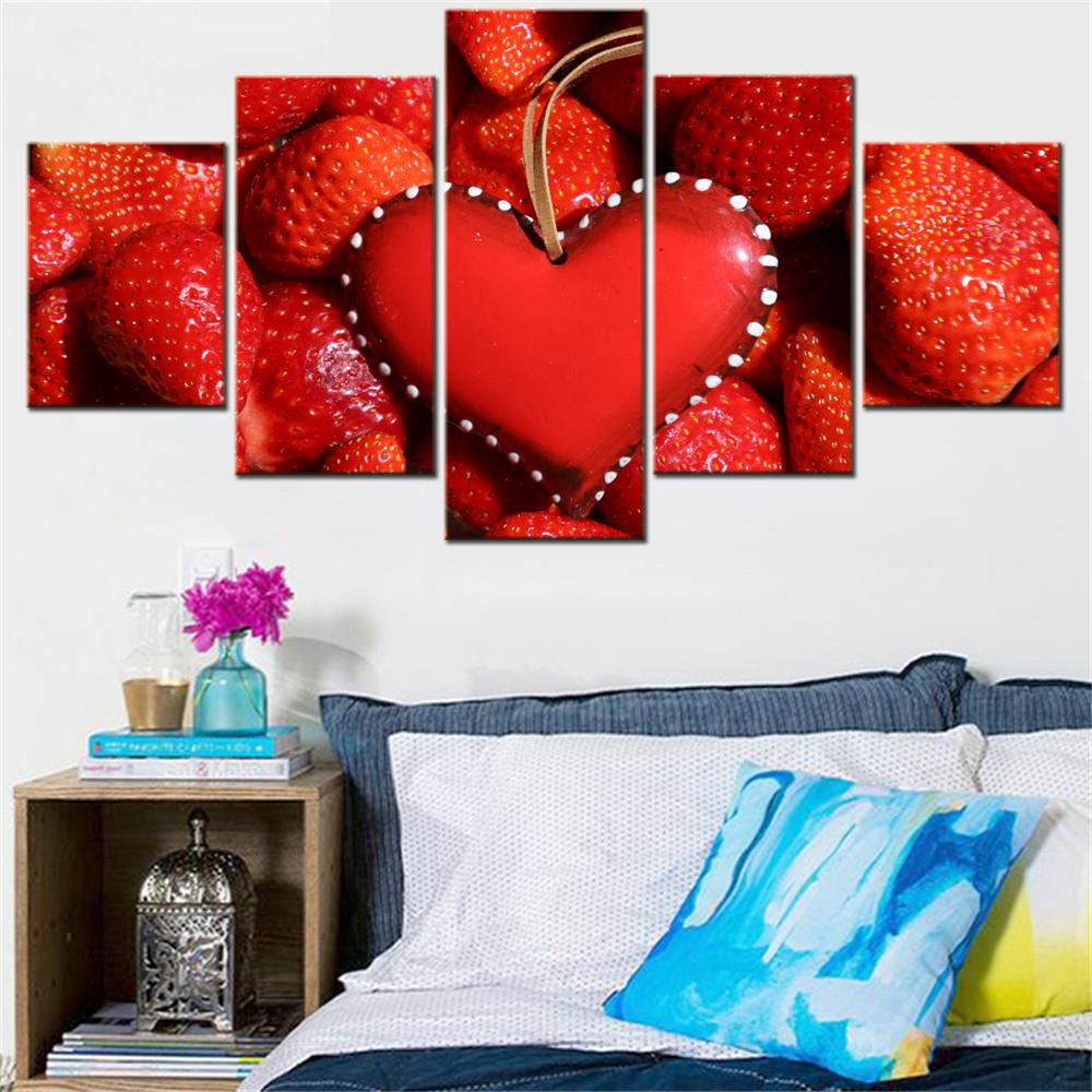 5 Pieces Canvas Wall Arts Poster Painting Food Red heart Strawberries Wallpaper Interior Home Decor Morder Picture Printing