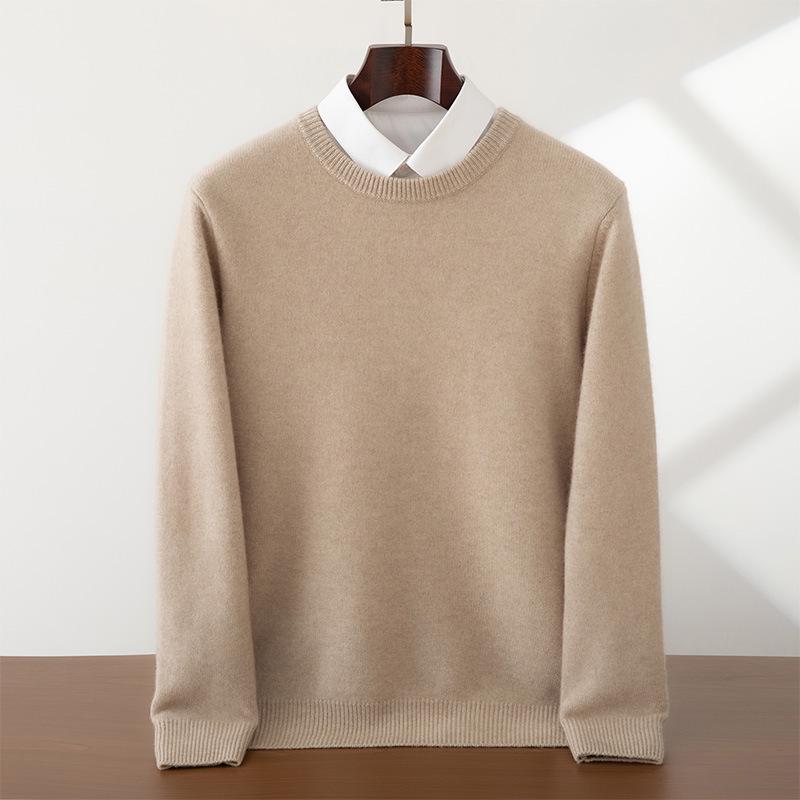 Мужской кашемировый свитер с круглым вырезом, плотной вязки, однотонный - Business Casual, свободная вязка, базовый слой для осени и зимы
