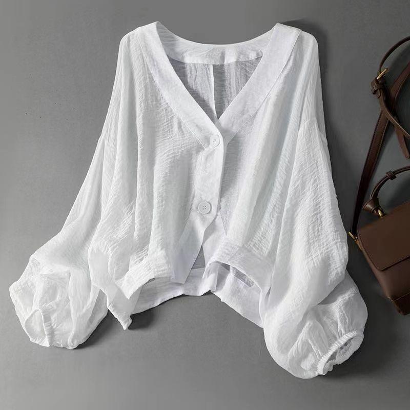 Solid Shirts Women Summer Batwing Sleeve Loose Thin Seethrough Leisure V-Neck Sun-proof Clothing All-match Simple