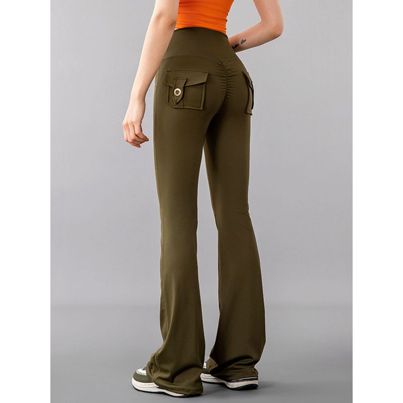 Workwear-Style Pocket Peach Butt Yoga Pants for Women, Flared, High-Waisted, Elastic, Butt-Lifting, Quick-Dry, Running, Fitness Pants