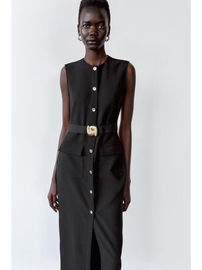 Весеннее миди-платье из крепа без рукавов с поясом 2025: Европейско-американский стиль