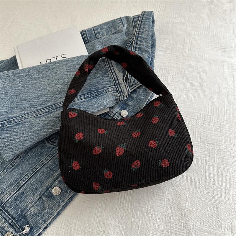 Women Small Corduroy Handbag Cute Strawberry Print Little Tote Underarm Bag Half Moon Design Eco Cloth Purse Mini Shoulder Bags