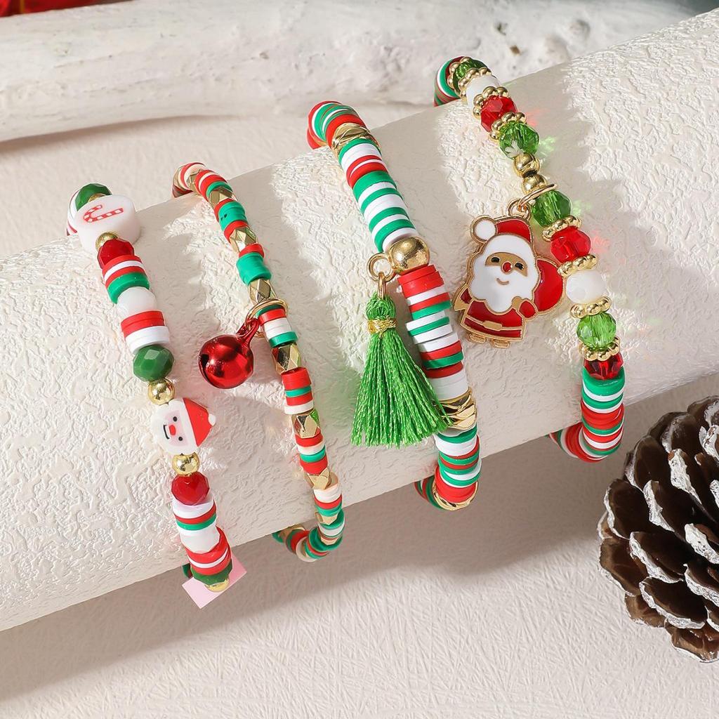 Oil Drip Snowflake Bell Christmas Tree Polymer Clay Beaded Bracelet - Creative DIY European and American Holiday Jewelry