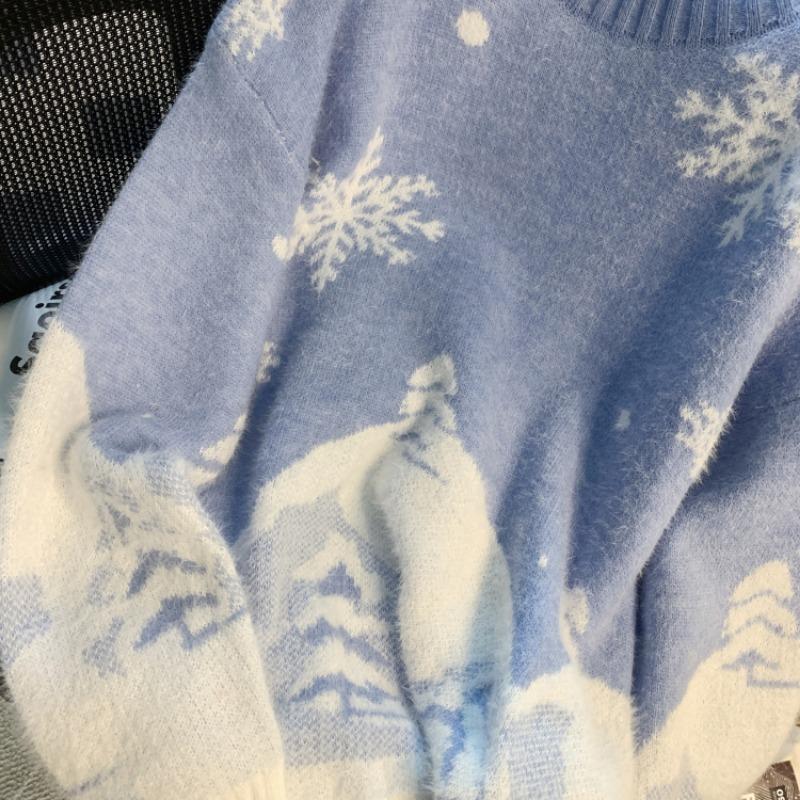 Winter New Cute Print Loose Christmas Pullovers Sweater Women Tops O Neck Long Sleeve Vintage Knitted Sweater Woman Casual Fashion Lady Jumpers 25513