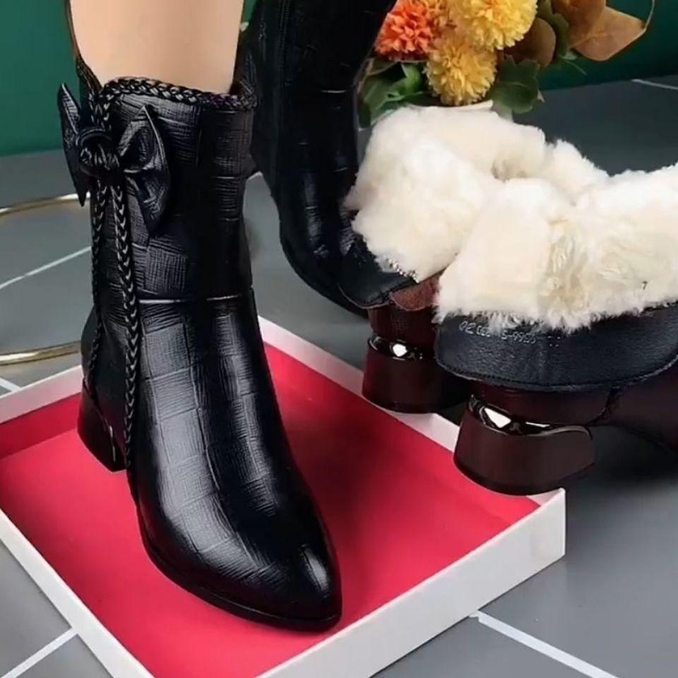 Winter Women's Ankle Boots  Waterproof Cover with Chunky Heel & Pointed Toe Side Zipper Closure
