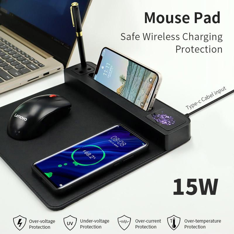 15 Вт QI быстрая зарядка беспроводной зарядки коврик для мыши со светодиодным дисплеем зарядное устройство для телефона PU коврик для мыши с держателем для мобильного телефона слот для ручки