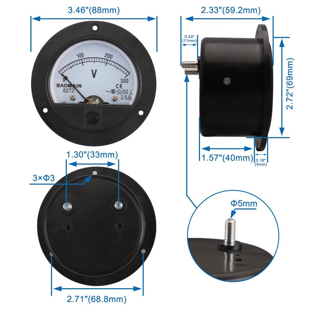 65C5 DC 50V 100V 500V Analog Panel Measuring Gauge Class 2.5 Voltage Meter Voltmeter Circular pointer DC voltmeter
