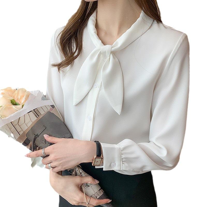 Осенняя женская новая шифоновая рубашка с длинным рукавом, темпераментный дизайн, галстук-бабочка, синий топ