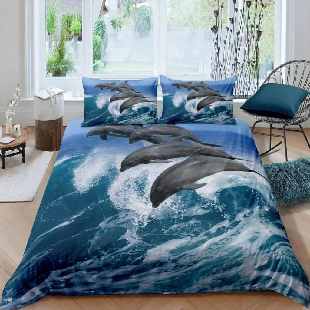 3D дельфин в синем море Queen King Size комплекты постельного белья Animal Single Quilt Duvet Cover Set Детская кровать для взрослых Полиэстеровое постельное белье