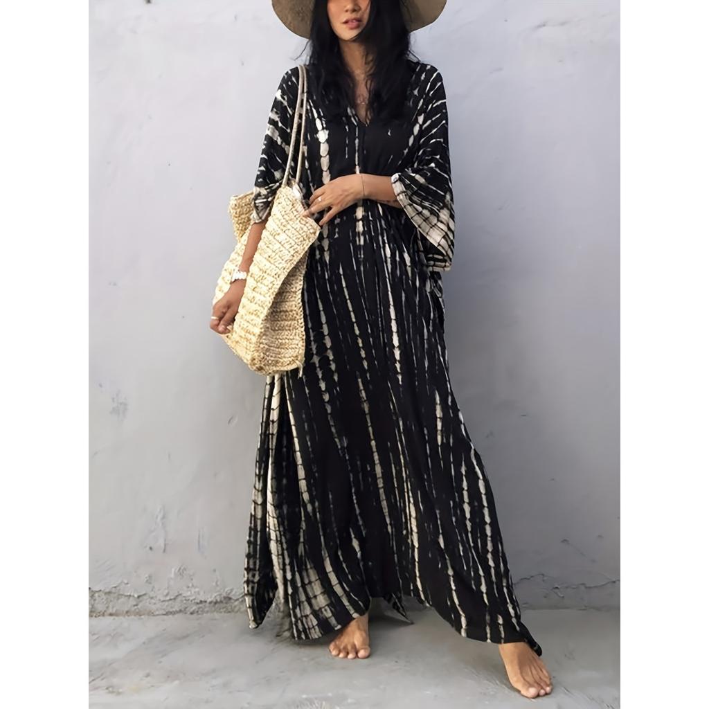 Plus Size Boho Cover Up, Women's Plus Striped Batwing Sleeve V Neck Split Maxi Kaftan Cover Up Dress